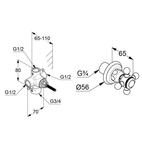 Bản vẽ kĩ thuật Bộ mặt nạ & van chuyển hướng âm tường Kludi 518450520/2975100 Adlon