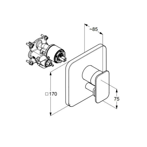 Bản vẽ kĩ thuật Mặt nạ bộ trộn âm tường Kludi 496500575 E2