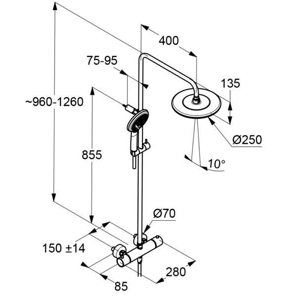 Bản vẽ kĩ thuật Sen cây tắm nhiệt độ Kludi 6709205-00 Fresline