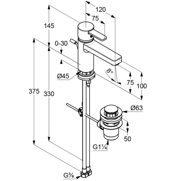 Bản vẽ kĩ thuật Vòi rửa lavabo Kludi 382600575 Zenta