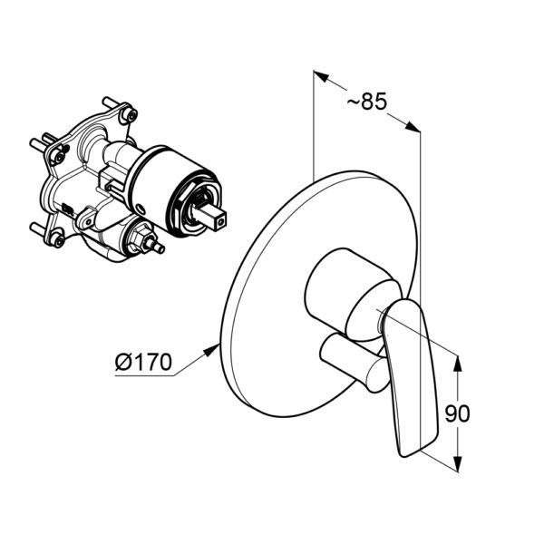 Bản vẽ kĩ thuật Mặt nạ bộ trộn âm tường Kludi 526500575 Balance