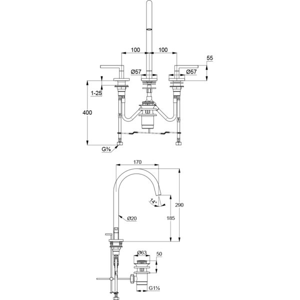 Bản vẽ kĩ thuật Vòi rửa lavabo Kludi 201430515 Nova Fonte