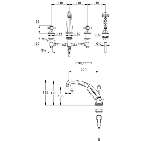 Bản vẽ kĩ thuật Vòi sen xả bồn tắm Kludi 515240520 Alon Classic